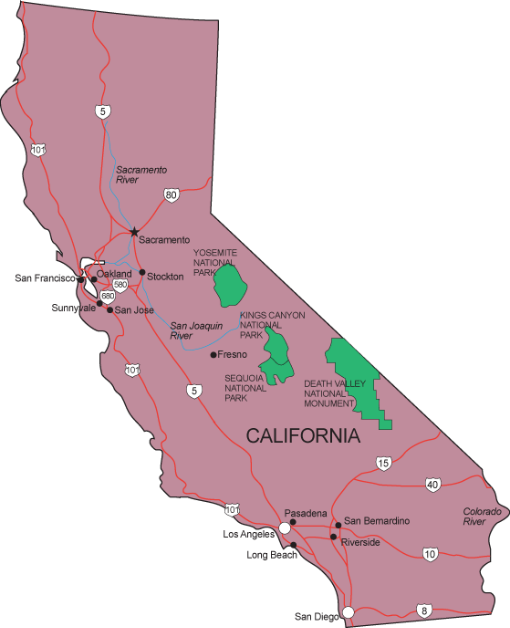 Map of California highlighting its borders and regions