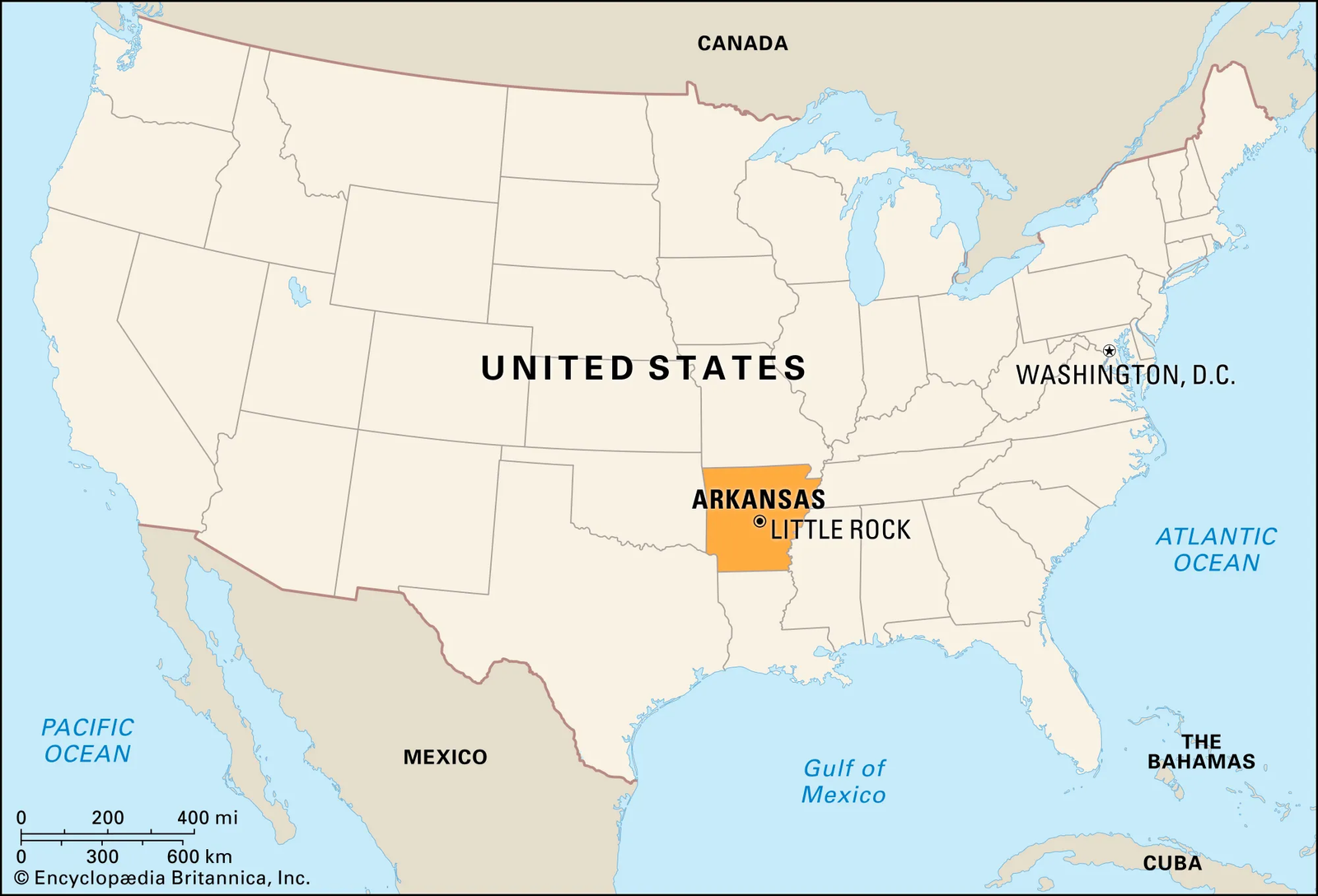 Map of Arkansas highlighting its location within the United States
