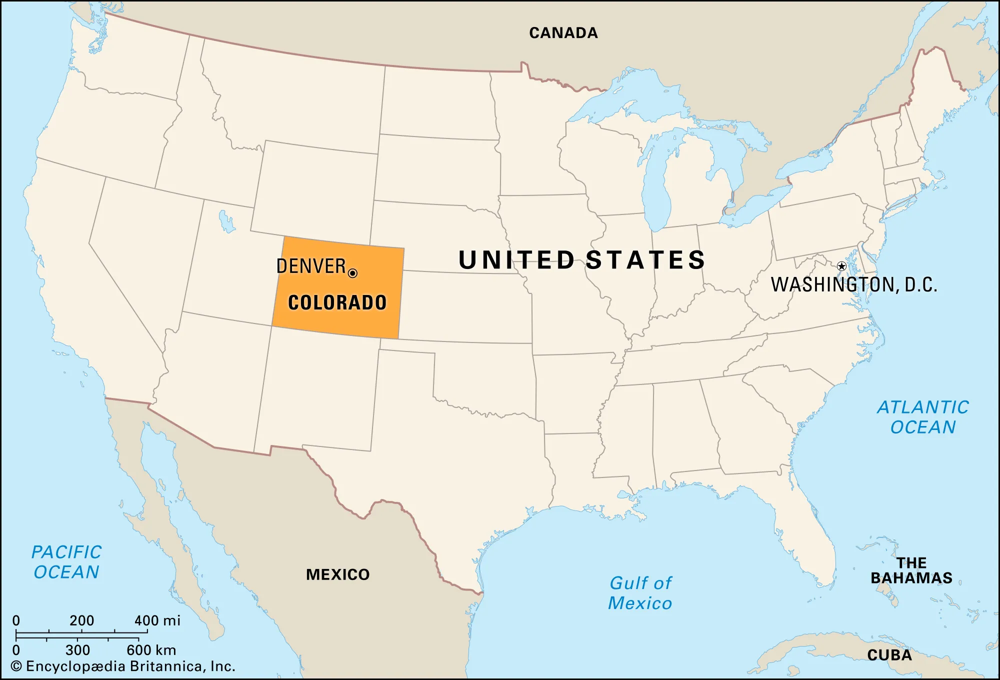 Map of Colorado highlighting state borders and key cities