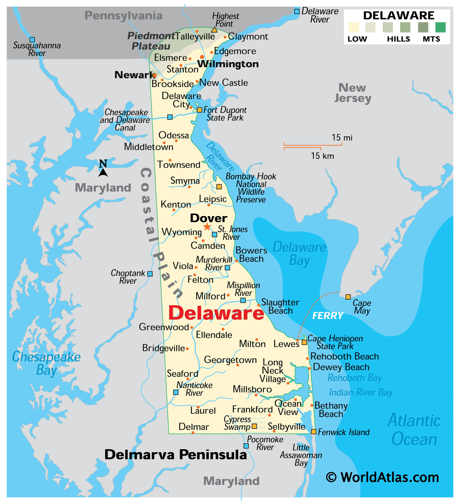 Map of Delaware state highlighting its borders