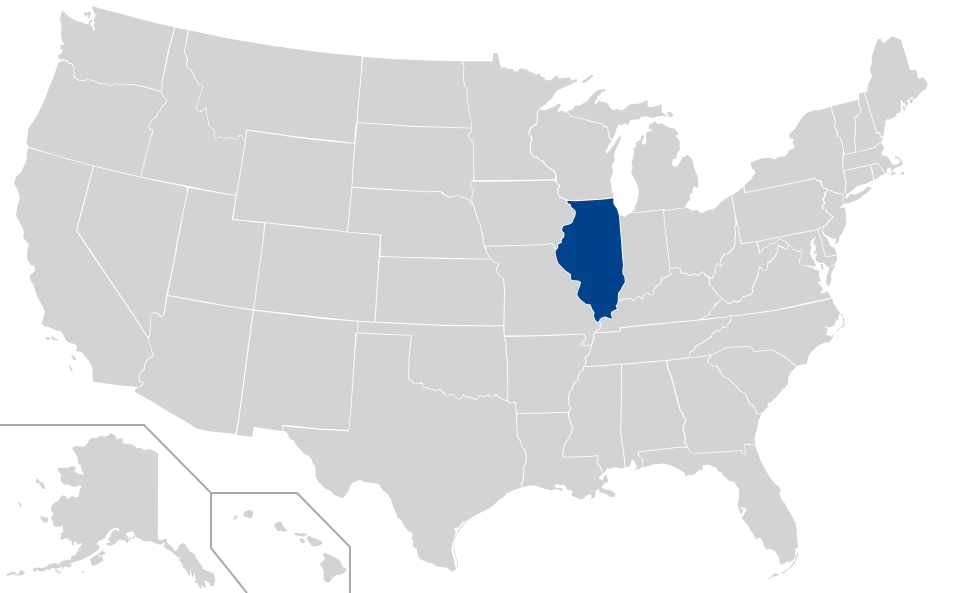 Map of Illinois highlighting state borders and key financial centers