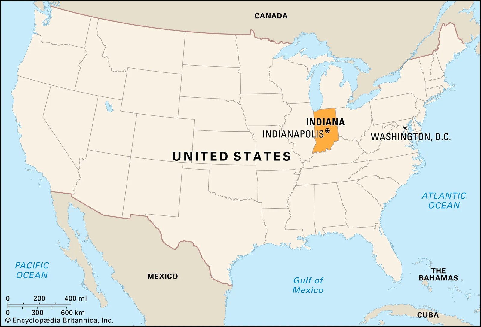 Map of Indiana highlighting state borders