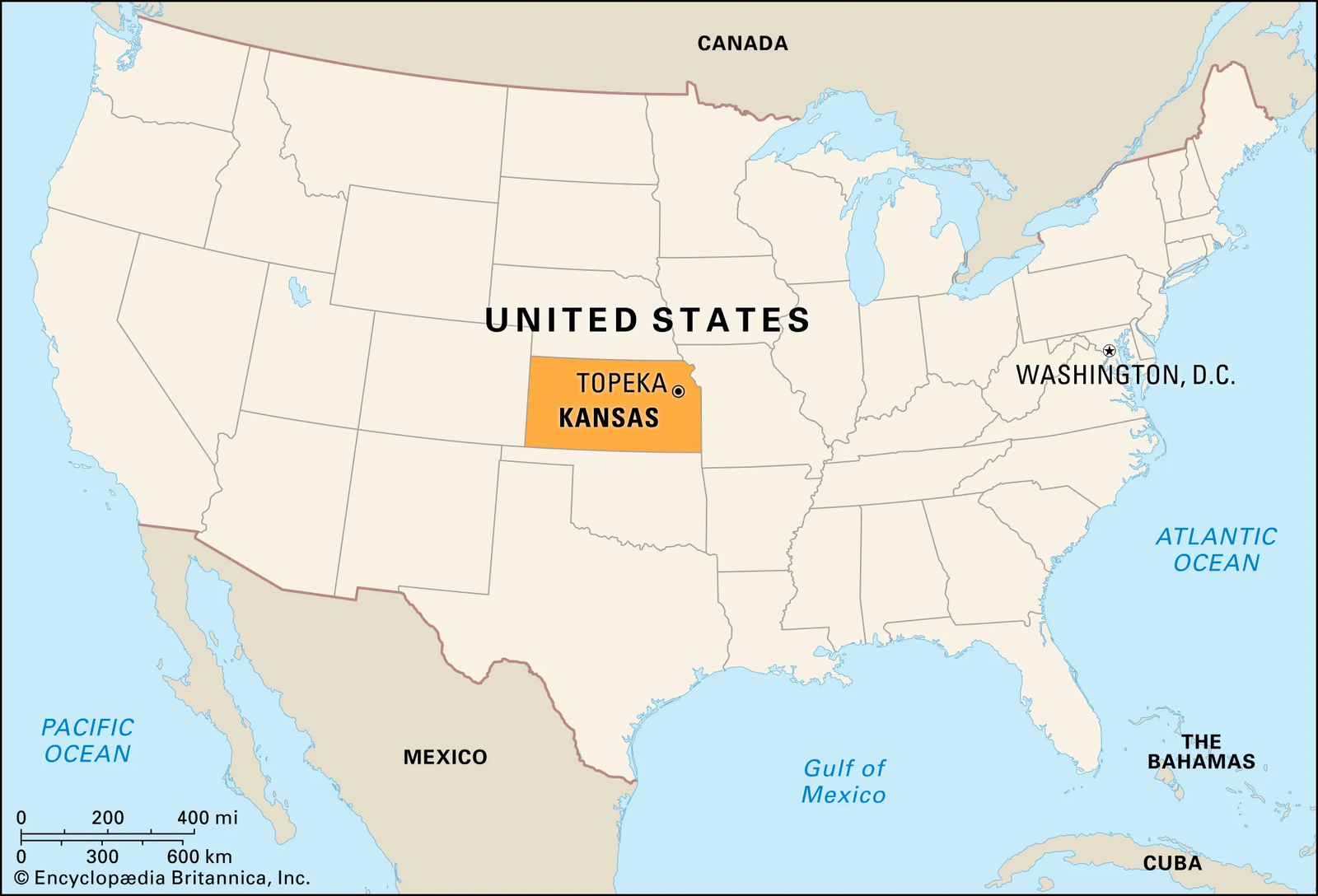 Map of Kansas highlighting its borders within the United States