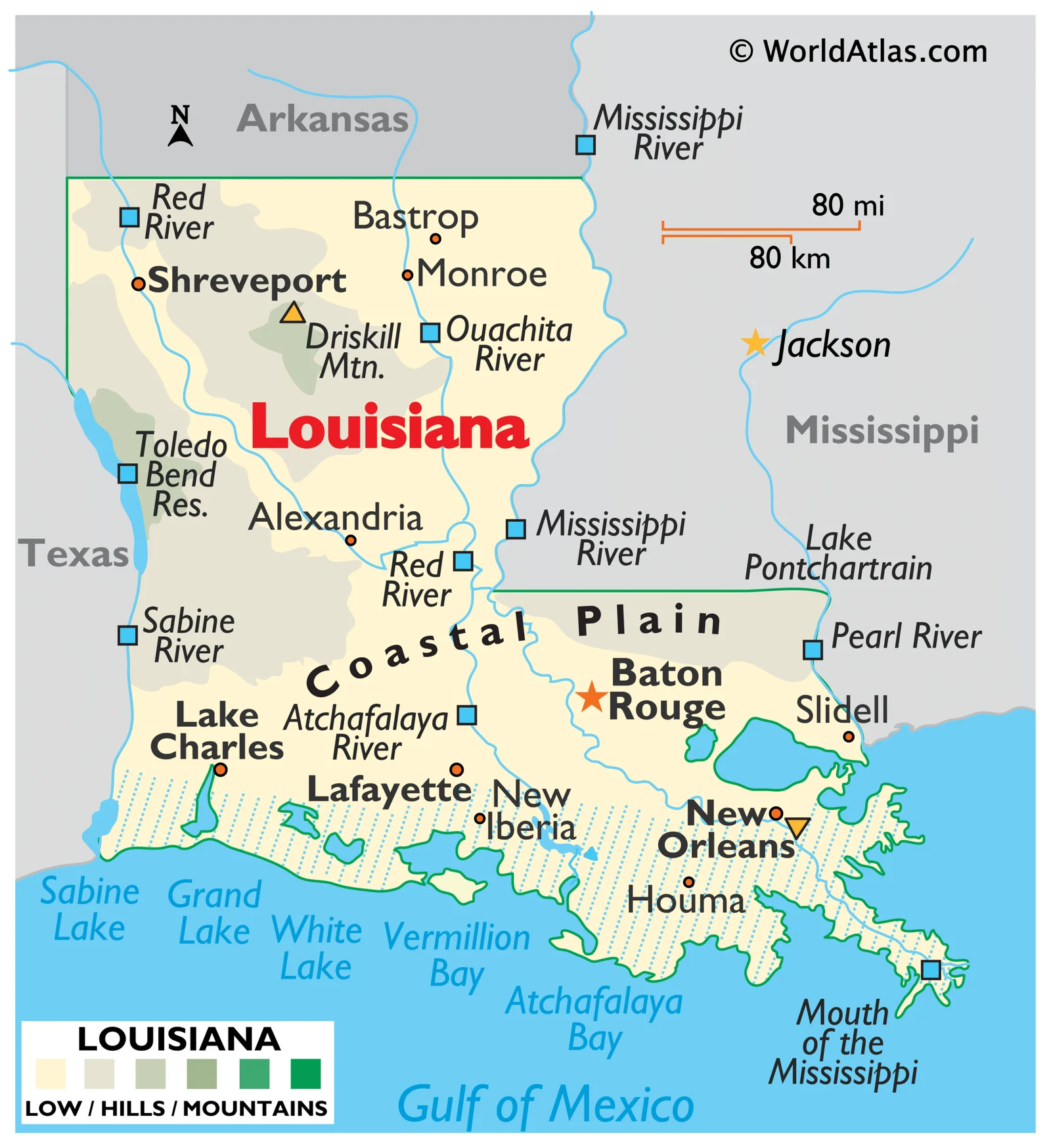 Map of Louisiana highlighting state borders