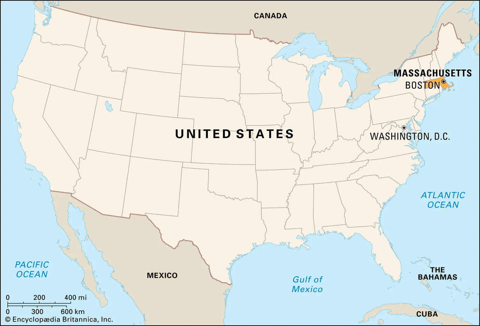 Map of Massachusetts highlighting state borders