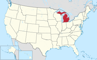 Map of Michigan highlighting state borders
