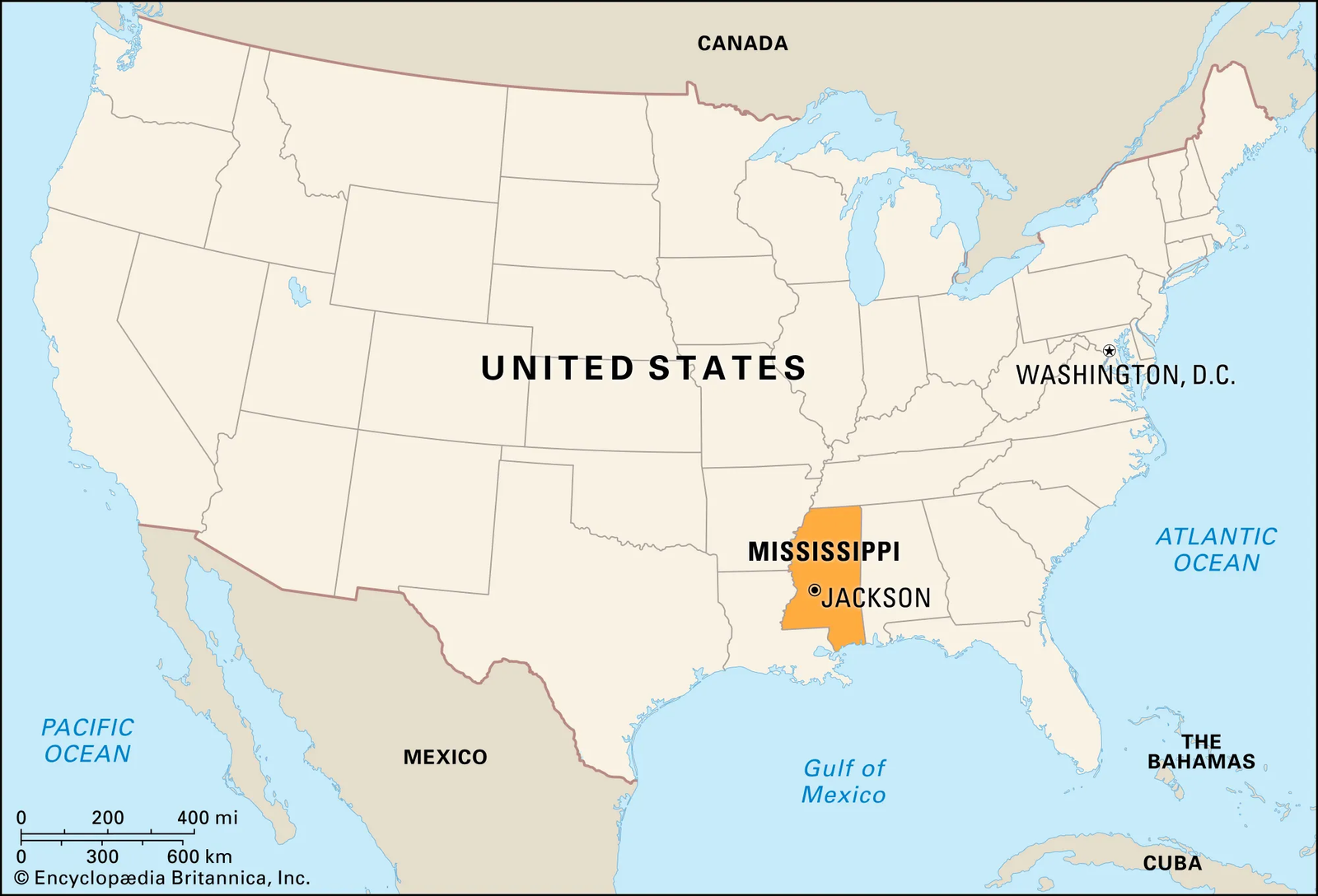 Map of Mississippi highlighting its borders