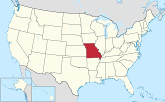 Map of Missouri highlighting state borders and key cities