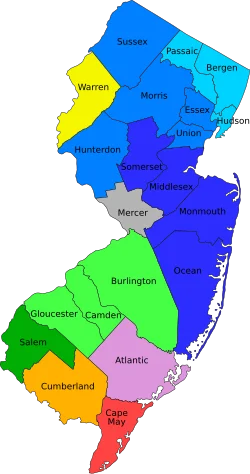 Map of New Jersey highlighting state borders and counties