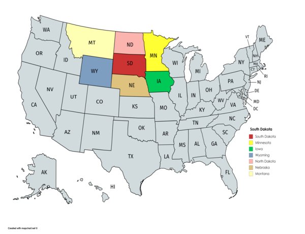 Map of South Dakota highlighting state borders