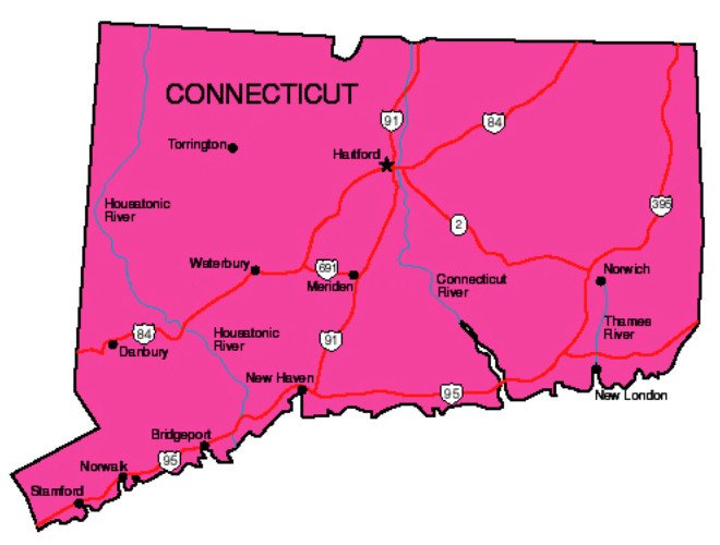 Bản đồ bang Connecticut nổi bật các ranh giới bang