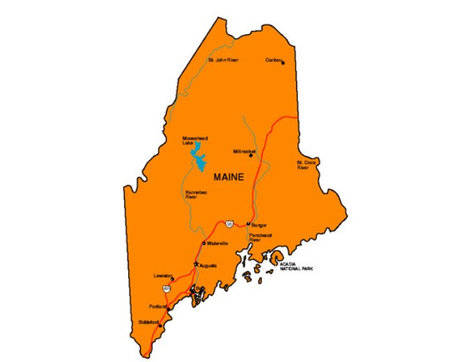 Mapa de Maine destacando sus fronteras