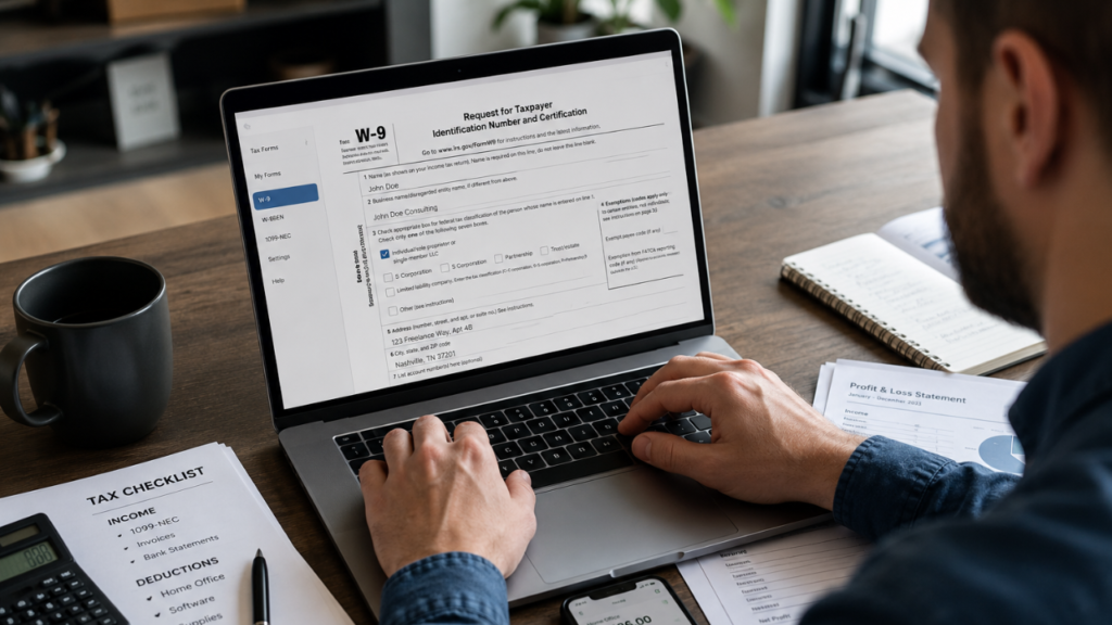 A freelancer filling out IRS Form W-9 for client tax reporting