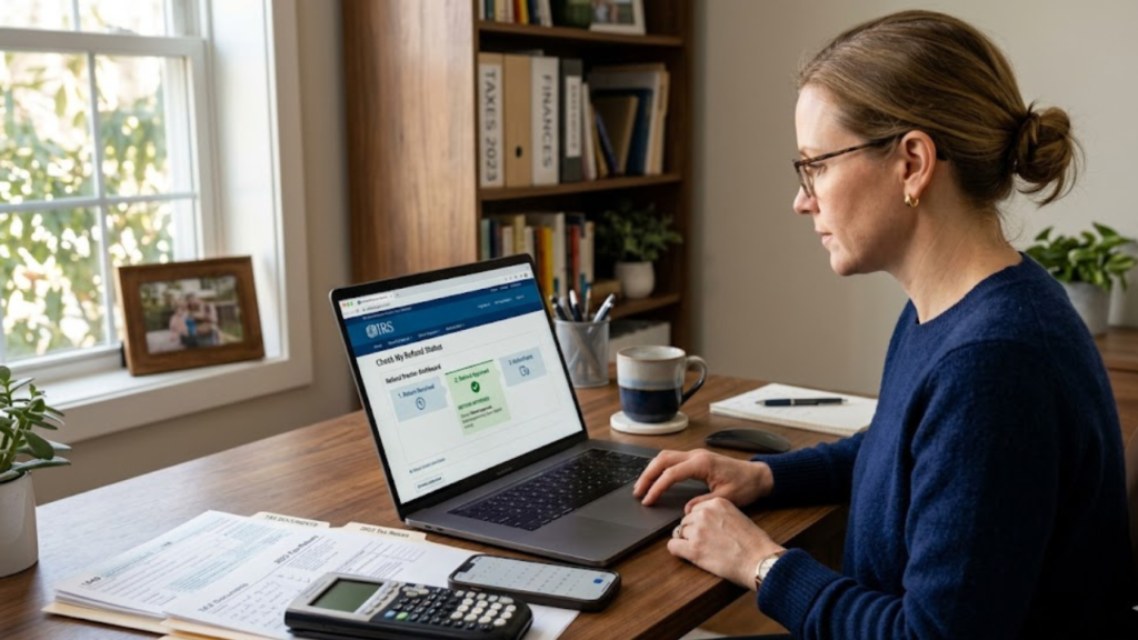 A taxpayer checking their IRS refund status online using the official IRS refund tracker.