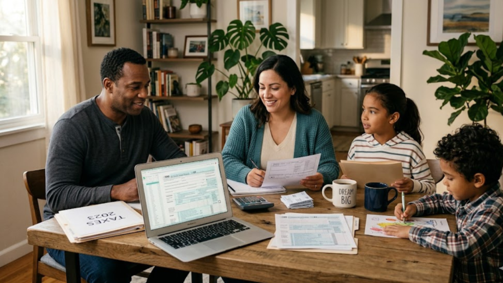 American family reviewing tax documents together at home