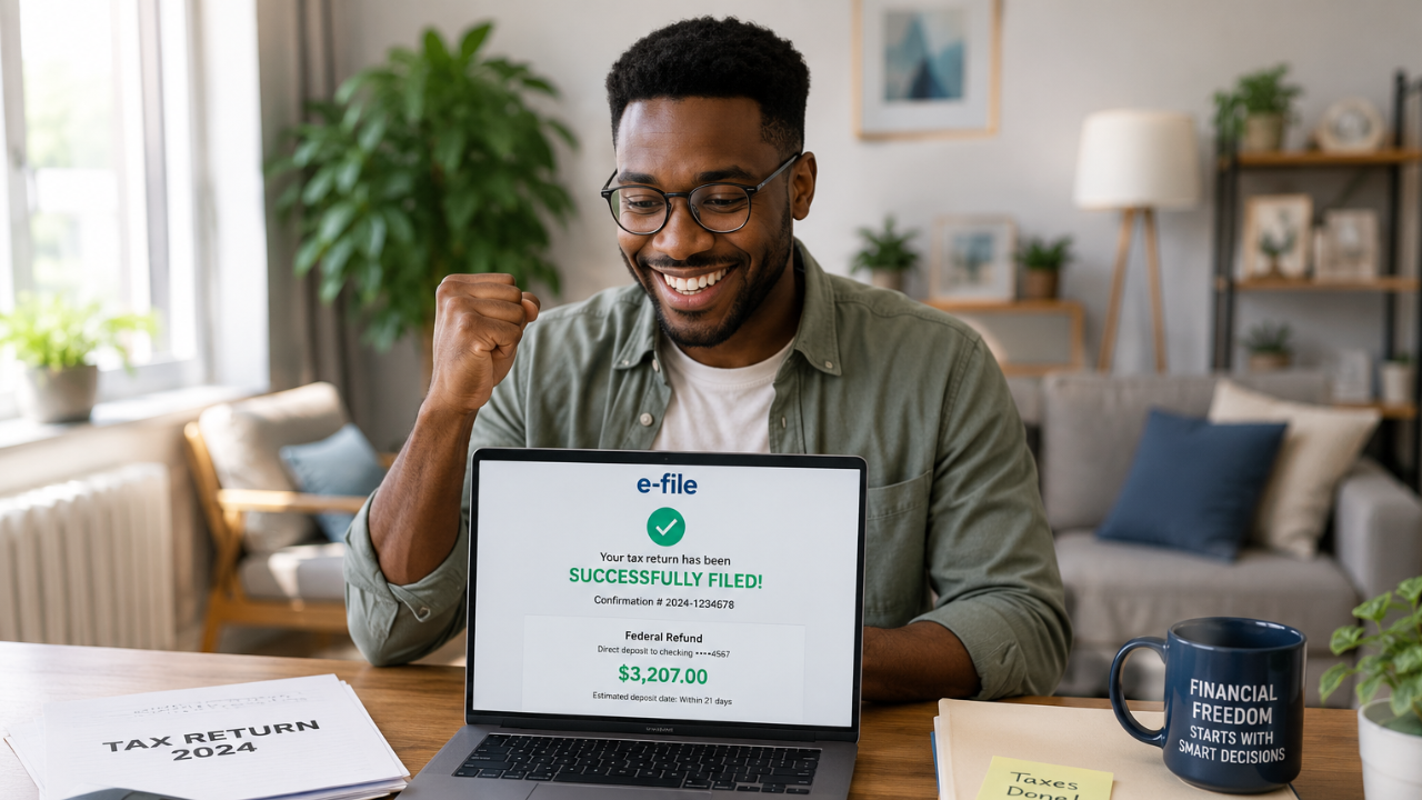 Confident taxpayer successfully filing taxes and receiving refund