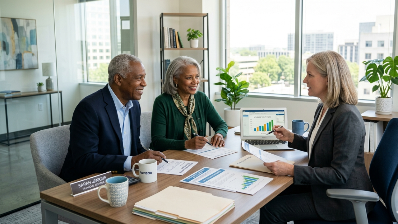 Senior couple reviewing retirement account statements with financial advisor