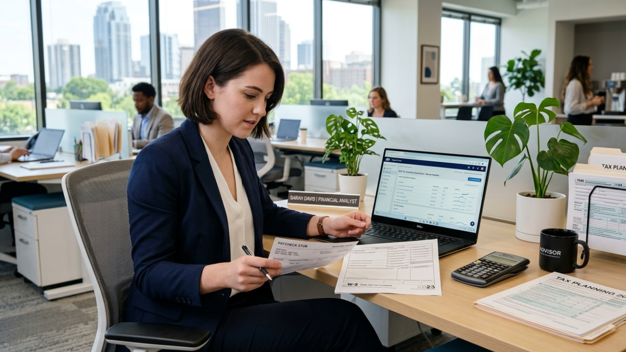 Young professional reviewing paycheck stubs and tax documents