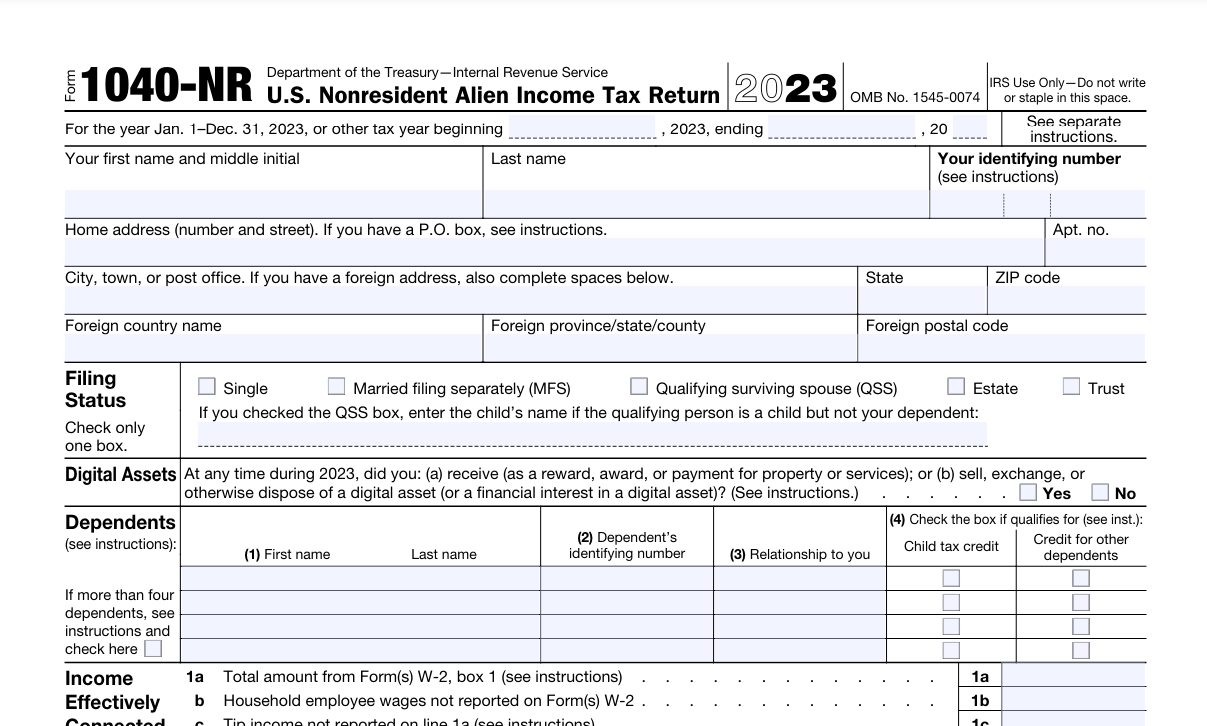 IRS Form 1040-NR nonresident alien U.S. income tax return