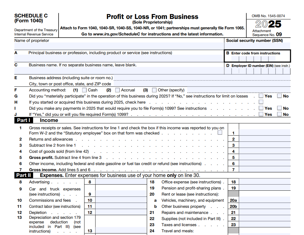 IRS Schedule C Profit or Loss From Business form