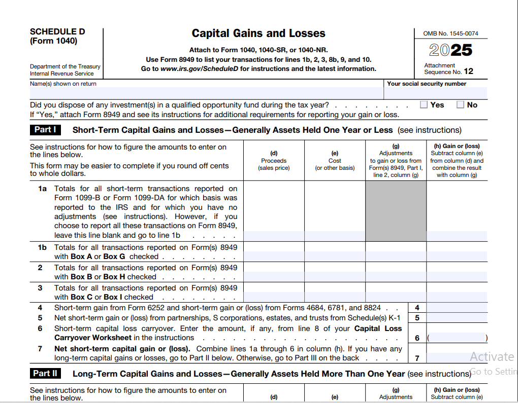 Schedule D (Form 1040) Capital Gains and Losses