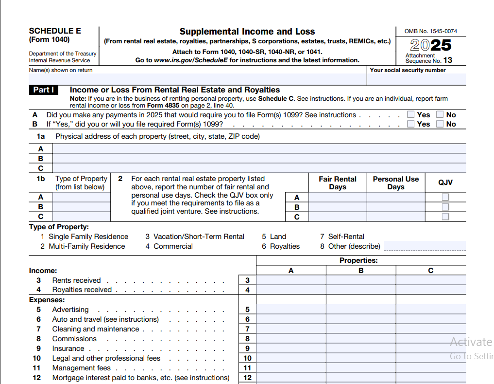 Schedule E Form 1040 Supplemental Income and Loss