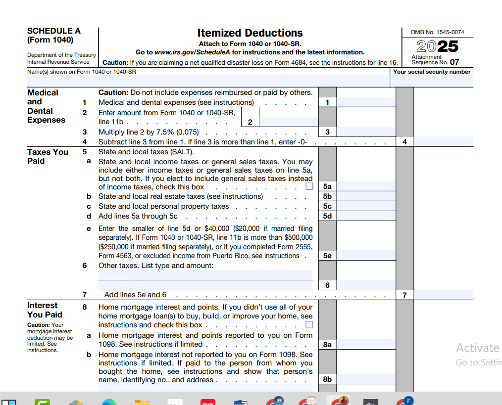 IRS Schedule A form for itemized deductions