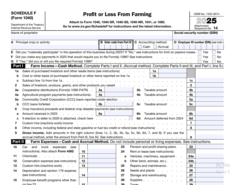 Schedule F (Profit or Loss From Farming) IRS tax form
